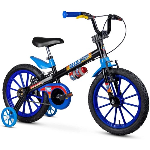 Bicicleta infantil Nathor Aro 16 Tech boys aro 16 freios v-brakes cor preto/azul/azul-celeste com rodas de treinamento